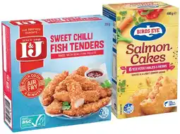 IGA Birds Eye Salmon Cakes with Vegetables & Herbs 480g or I&J Fish Tenders 320g Selected Varieties offer