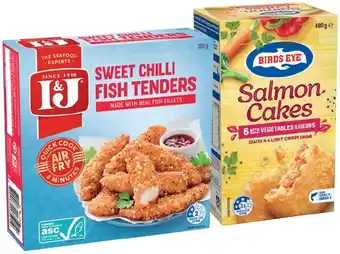 IGA Birds Eye Salmon Cakes with Vegetables & Herbs 480g or I&J Fish Tenders 320g Selected Varieties offer