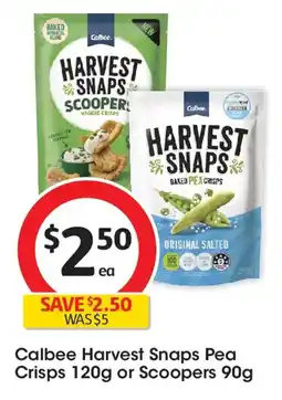 Coles Calbee Harvest Snaps Pea Crisps or Scoopers offer