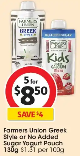 Coles Farmers Union Greek Style or No Added Sugar Yogurt Pouch offer