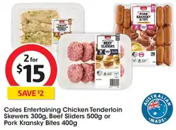 Coles Coles Entertaining Chicken Tenderloin Skewers, Beef Sliders or Pork Kransky Bites offer