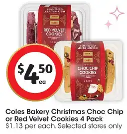 Coles Coles Bakery Christmas Choc Chip or Red Velvet Cookies offer