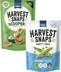 Coles Calbee Harvest Snaps Pea Crisps 120g or Scoopers 90g offer