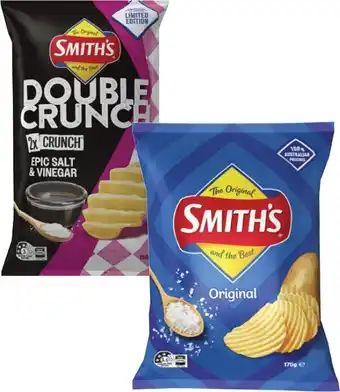 Coles Smith's Crinkle Cut or Double Crunch Potato Chips 150g-170g offer