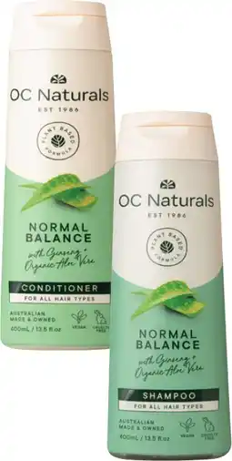Coles OC Naturals Normal Balance Shampoo or Conditioner 400mL offer