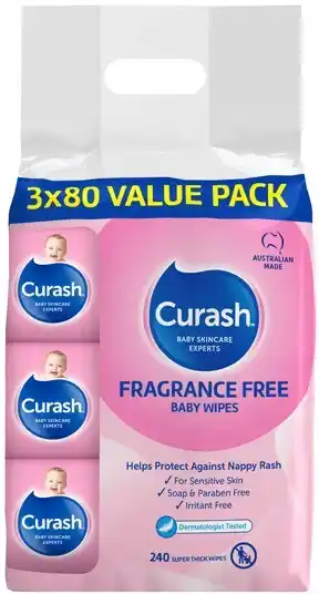 Coles Curash Fragrance Free Sensitive Skin Baby Wipes 240 Pack offer