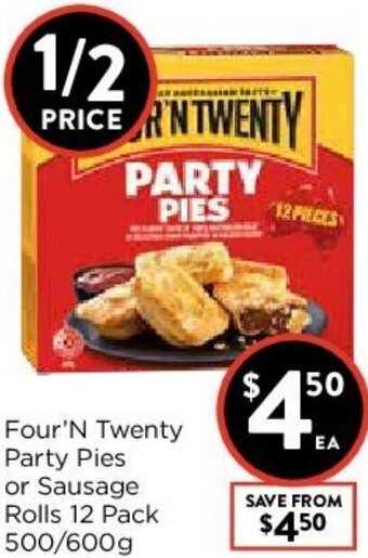 Foodworks Four'N Twenty Party Pies Or Sausage Rolls 12 Pack 500-600g offer