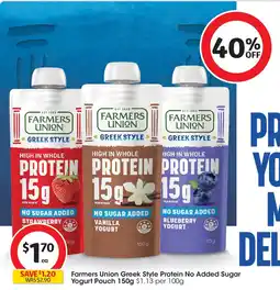 Coles Farmers Union Greek Style Protein No Added Sugar Yogurt Pouch offer
