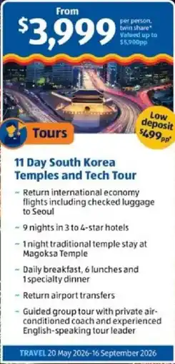 ALDI 11 day south korea temples and tech tour offer