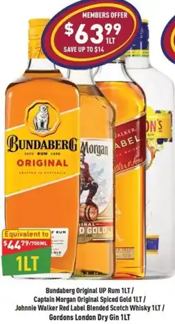 Liquor Legends Bundaberg Original UP Rum/ Captain Morgan Original Spiced Gold / Johnnie Walker Red Label Blended Scotch Whisky offer