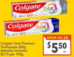 Supa Valu Colgate Total Premium Toothpaste Selected Varieties offer
