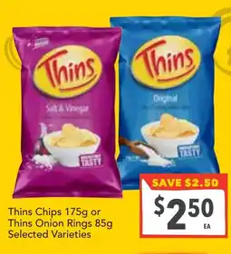 Supa Valu Thins chips or thins onion rings selected varieties offer