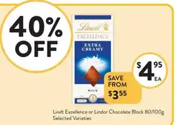 Foodworks Lindt Excellence or Lindor Chocolate BlockSelected Varieties offer
