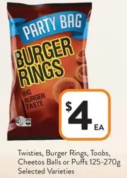 Foodworks Twisties, Burger Rings, Toobs, Cheetos Balls or Puffs Selected Varieties offer