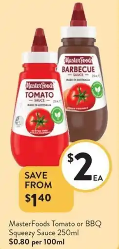 Foodworks MasterFoods Tomato or BBQ Squeezy Sauce offer
