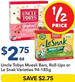 Ritchies Uncle Tobys Muesli Bars, Roll-Ups or Le Snak Varieties offer