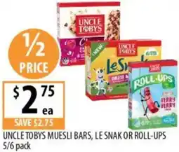 Supabarn Uncle tobys muesli bars, le snak or roll-ups offer