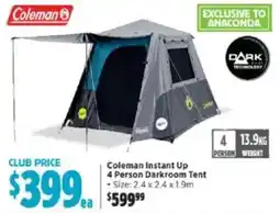 Anaconda Coleman instant up 4 person darkroom tent offer