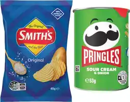 IGA Smith’s Crinkle Cut Chips 45g or Pringles Chips 53g Selected Varietie offer