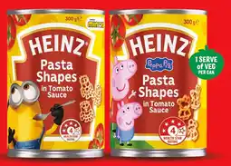 IGA NEW Heinz Minion or Peppa Pig Pasta Shapes in Tomato Sauce 300g offer