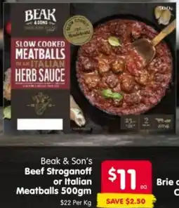 Spar Beak & Son's Beef Stroganoff or Italian Meatballs offer