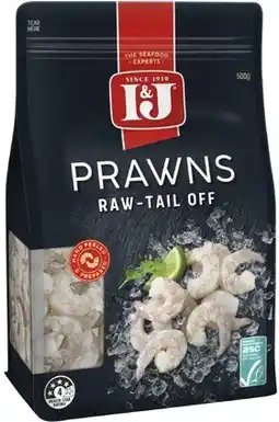 Coles I&J Raw Peeled Prawns Tail Off 500g offer