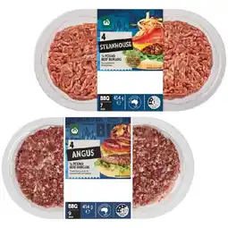 Woolworths Woolworths Australian Beef Burgers Steakhouse, or Angus 454g Pk 4 offer