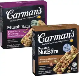 Coles Carman's Nut or Muesli Bars 5 Pack 140g-270g offer