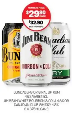 Harry Brown Bundaberg original up rum 4.6% varieties jim beam white bourbon & cola 4.8% or canadian club whisky 4.8% offer