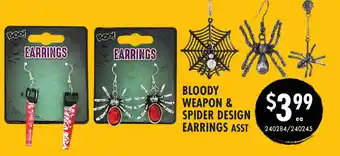 Red Dot Bloody weapon & spider design earrings asst offer