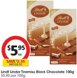 Coles Lindt Lindor Tiramisu Block Chocolate offer