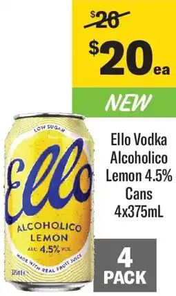 Coles Ello Vodka Alcoholico Lemon 4.5% Cans offer