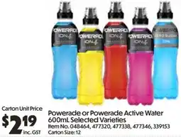 C-Store Distribution Powerade or Powerade Active Water Selected Varieties offer