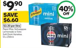 Woolworths Pepsi max, schweppes lemonade or solo soft drink varieties offer