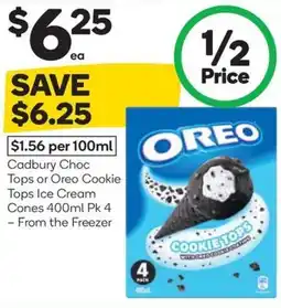 Woolworths Cadbury choc tops or oreo cookie tops ice cream cones offer