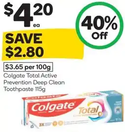 Woolworths Colgate total active prevention deep clean toothpaste offer