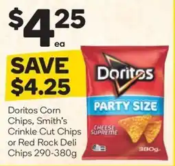 Woolworths Doritos corn chips, smith's crinkle cut chips or red rock deli chips offer
