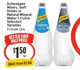 IGA Schweppes mixers, soft drinks or natural mineral water offer