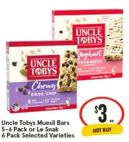 IGA Uncle tobys muesli bars pack or le snak offer