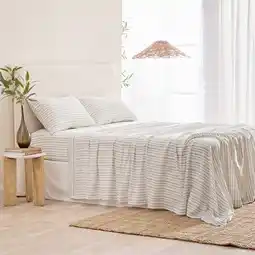 Pillow Talk Linen Cotton Stripe Flat Sheet by Habitat offer