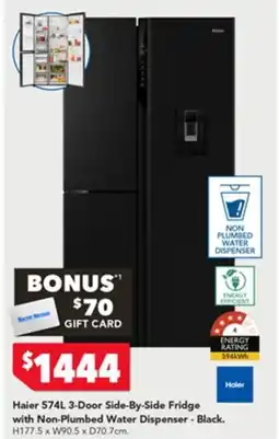 Harvey Norman Haier 574L 3-Door Side-By-Side Fridge with Non-Plumbed Water Dispenser - Black offer