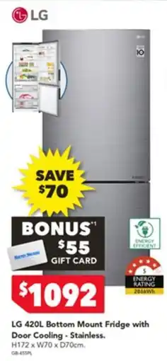 Harvey Norman LG 420L Bottom Mount Fridge with Door Cooling - Stainless offer