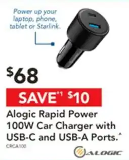 Harvey Norman Alogic Rapid Power 100W Car Charger with USB-C and USB-A Ports offer