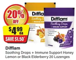 Chemist Discount Centre Difflam soothing drops + immune support honey lemon or black elderberry 20 lozenges offer