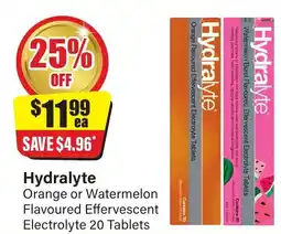 Chemist Discount Centre Hydralyte orange or watermelon flavoured effervescent electrolyte 20 tablets offer