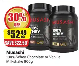 Chemist Discount Centre Musashi 100% whey chocolate or vanilla milkshake offer
