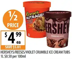 Supabarn Hersheys/reeses/violet crumble ice cream tubs offer