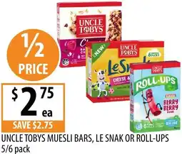 Supabarn Uncle tobys muesli bars, le snak or roll-ups offer