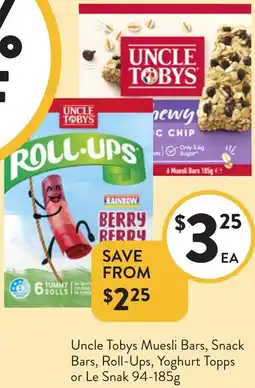 Foodworks Uncle Tobys Muesli Bars, Snack Bars, Roll-Ups, Yoghurt Topps or Le Snak offer