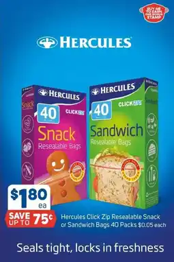 Foodland Hercules click zip resealable snack or sandwich bags 40 packs offer